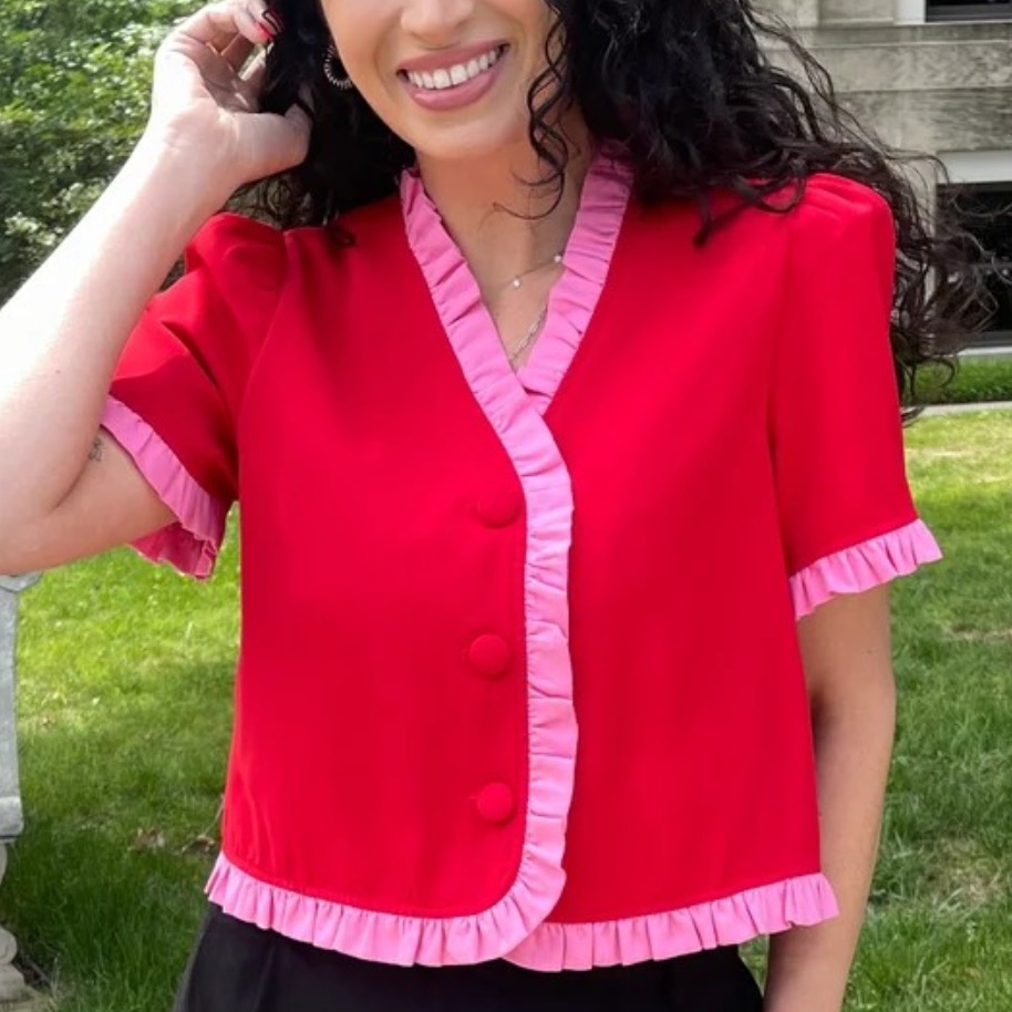 Women's Red And Pink Ruffle Trim Top